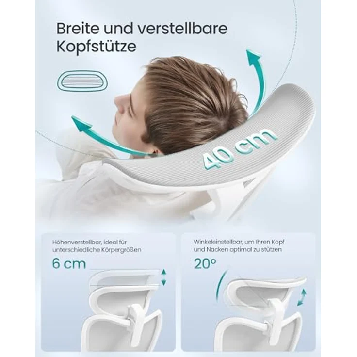 SONGMICS Bürostuhl ergonomisch, Schreibtischstuhl, Computerstuhl, verstellbare Lenden- und Kopfstütze, bis 150 kg belastbar, höhenverstellbar, Taubengrau OBN066GD01 – Bild 8