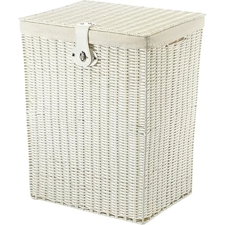 Kobolo Wäschekorb Wäschebehälter Korb aus Kunststoff weiß - mit Textileinsatz (mit Deckel)