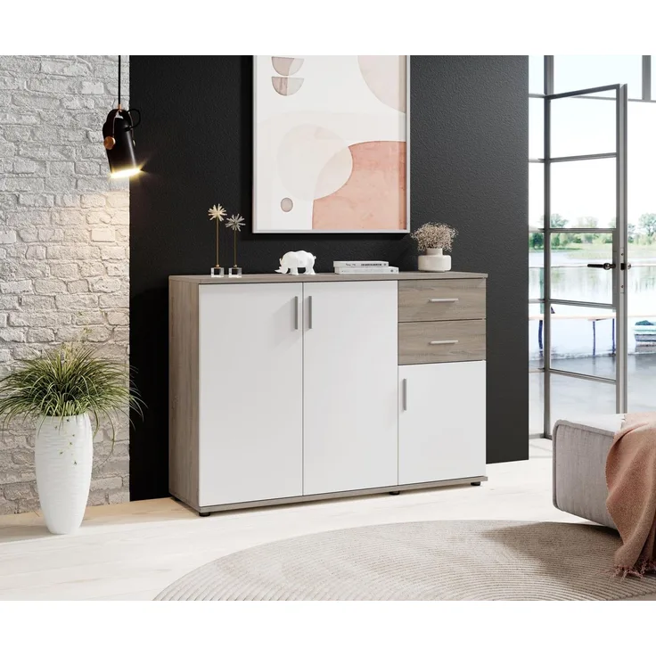 Stella Trading Bobby Kommode in Eiche Sonoma Optik, dunkel - Modernes Sideboard mit viel Stauraum für Ihren Wohnbereich - 120 x 82 x 35 cm (B/H/T)