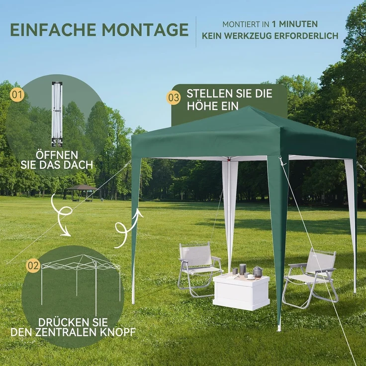 Aoxun Pop Up Pavillon 2x2m Wasserdicht, Metallrahmen-Schutzzelt, Höhe Verstellbar, Faltpavillon 2x2 mit Tragetasche für Camping Party, Grün – Bild 6