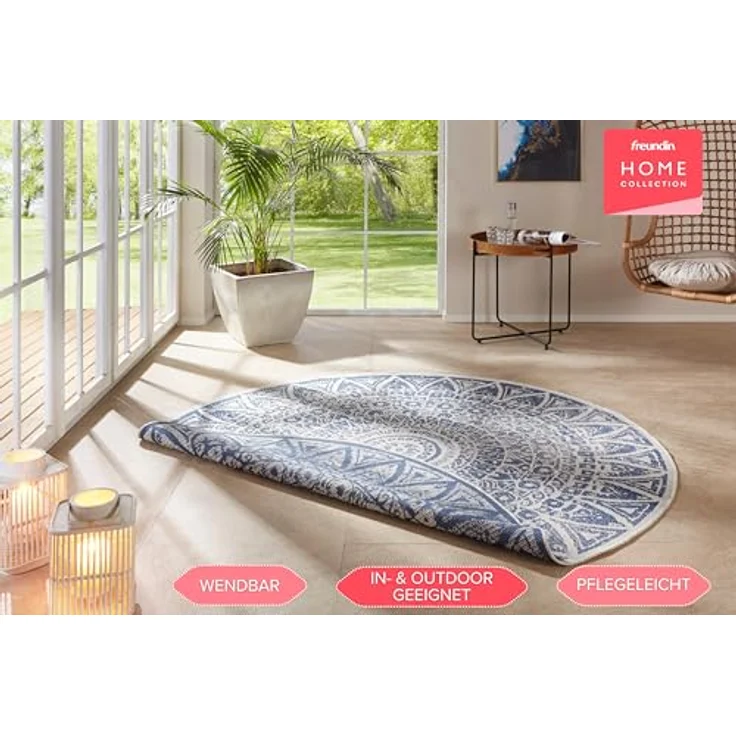 XXXL Flachwebeteppich Nora, rund, Blau und Creme, Mandala, Oeko-Tex® Standard 100, UV-beständig, pflegeleicht, für Fußbodenheizung geeignet, verschiedene Größen erhältlich – Bild 2