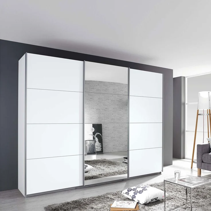 Schwebetürenschrank Kiel-A / Kulmbach-A, Holzwerkstoff, Weiß, Verspiegelt, 271 x 210 x 62 cm – Bild 3