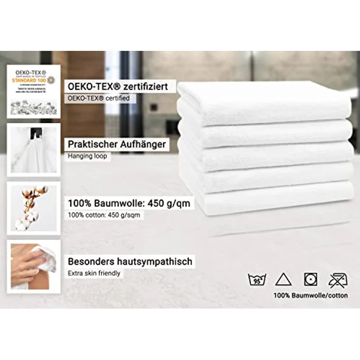 Zollner Duschtücher, 5er Set, Weiß, 70x140 cm, 100% Baumwolle, Oeko-Tex® Standard 100, waschbar bis 95°C, flauschig und strapazierfähig – Bild 3