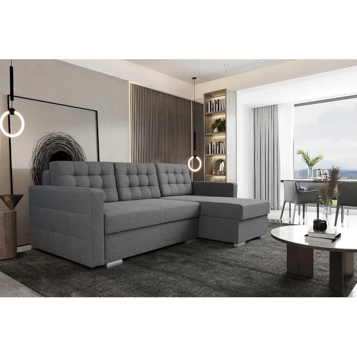 MEBLINI Schlafcouch mit Bettkasten - ASTI - 225x144x85cm - Grau Webstoff - Kleines Ecksofa mit Schlaffunktion - Sofa mit Relaxfunktion und Kissen - Kleine Couch L-Form - Eckcouch