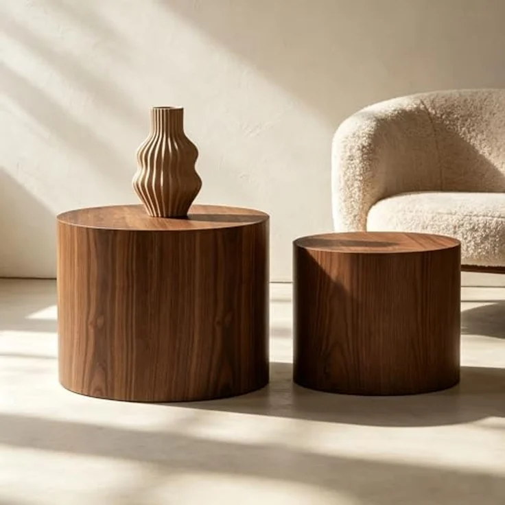 Set of 2 Nesting Round End Tables, Modern Walnut Veneer Cylinder Side Tables, Stackable Accent Coffee Tables for Living Room, Bedroom, Small Space – Bild 2