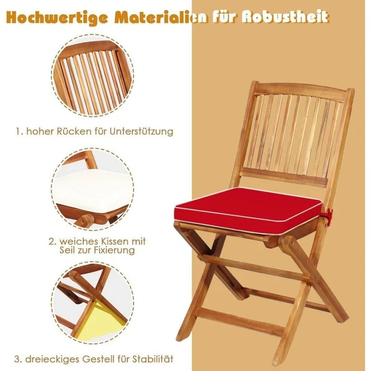 3tlg. Gartenmöbel Set Akazienholz klappbar Rundtisch 2 Stühle Kissen Rot – Bild 2