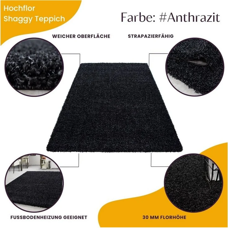 Teppium Teppich Unicolor - Einfarbig, Rund, Höhe: 30 mm, Einfarbig Shaggy Teppich Wohnzimmer Langflor versch. farben und größen – Bild 2