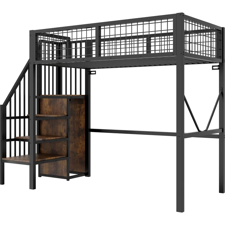 EINHOM Metall-Hochbett 90 x 200 cm, Bettgestell Inklusive Leiter und Stauraum, LED-Beleuchtung, Sicherheitsgeländer aus Metallgitter. Schwarz (Ohne Matratze) – Bild 7