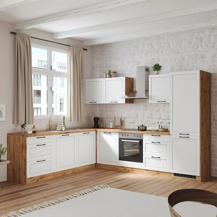 Winkelküche 300/240 cm in weiß und Eiche, Arbeitsplatte in Eiche, MONTERREY-03 – Bild 10