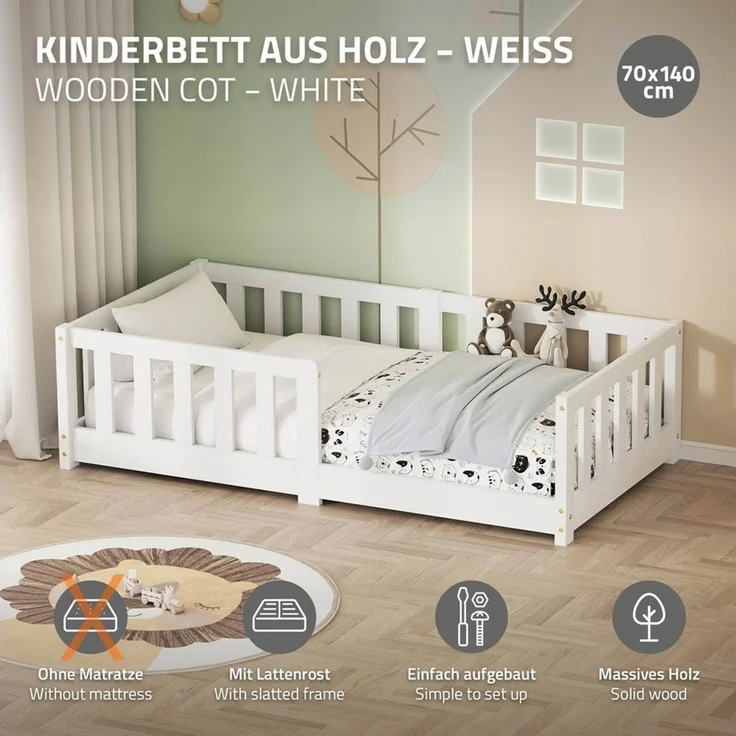 ML-DESIGN Spielbett Bodenbett Holzbett mit Lattenrost & Rausfallschutz Jugendbett Babybett, Abenteuerbett 70x140cm Weiß Kinderbett Bettgestell ohne Matratze – Bild 2