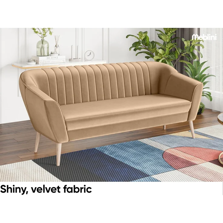 MEBLINI Sofa-Set KAIA 3+2+1 - Beige Samt - für Wohnzimmer - Mini Lounge für sechs Personen - Küchensofa - Sofa Klein - Sitzgarnitur - Polstergarnitur - Sofagarnituren – Bild 4