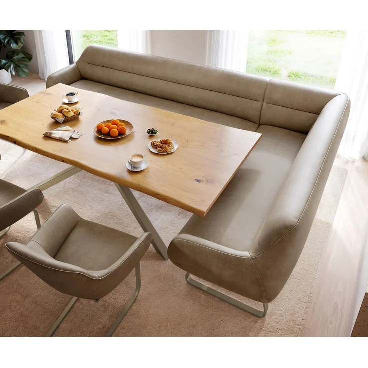 Esszimmerbank Taya-Flex 285x190 cm Mikrofaser Beige Vintage Kufengestell flach Effektfinish Titan Taschenfederkern Links – Bild 4