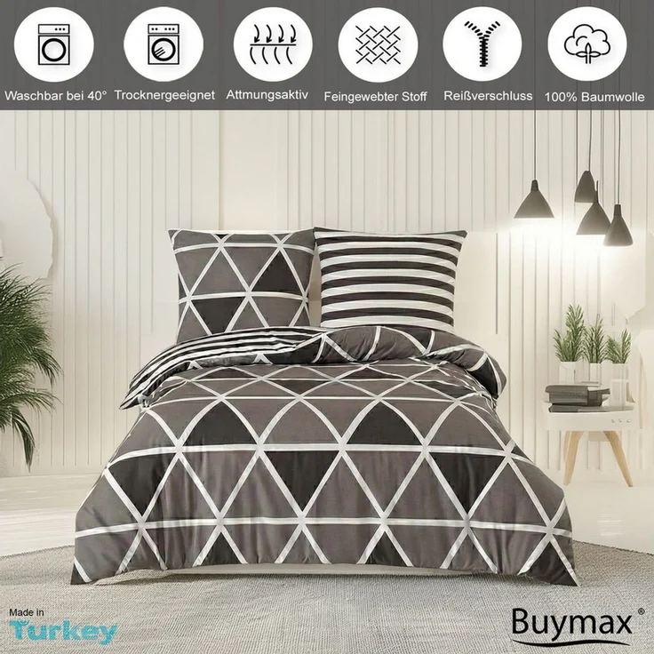 Buymax Bettwäsche Memento, Bettgarnitur, Bettbezug Set, Renforce: 100% Baumwolle, 4 teilig, mit Reißverschluss, modern, Karo, Streifen, Grau, Weiß, 155x220 cm – Bild 2