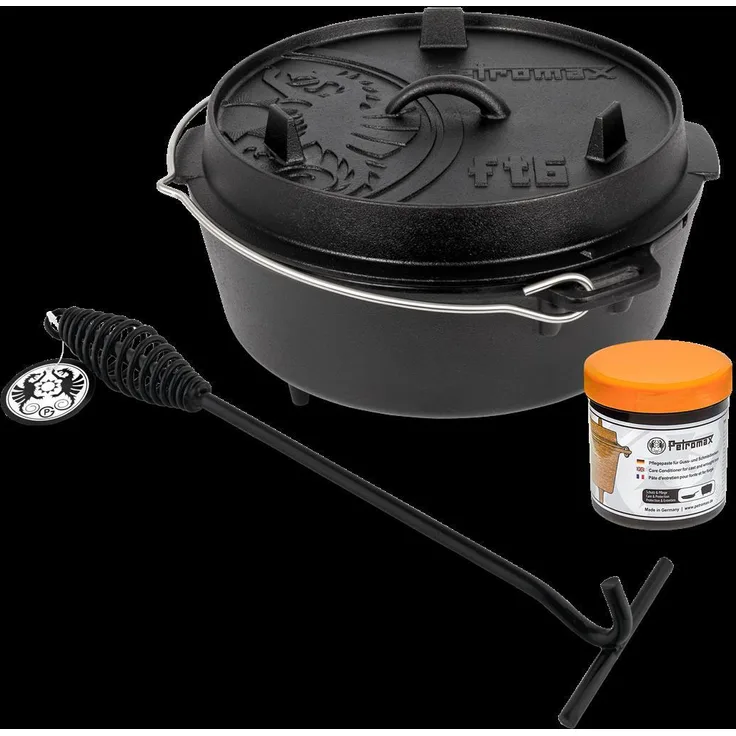Petromax Feuertopf ft6 Dutch Oven (mit Füßen) Set m. Deckelheber u. Pflegepaste