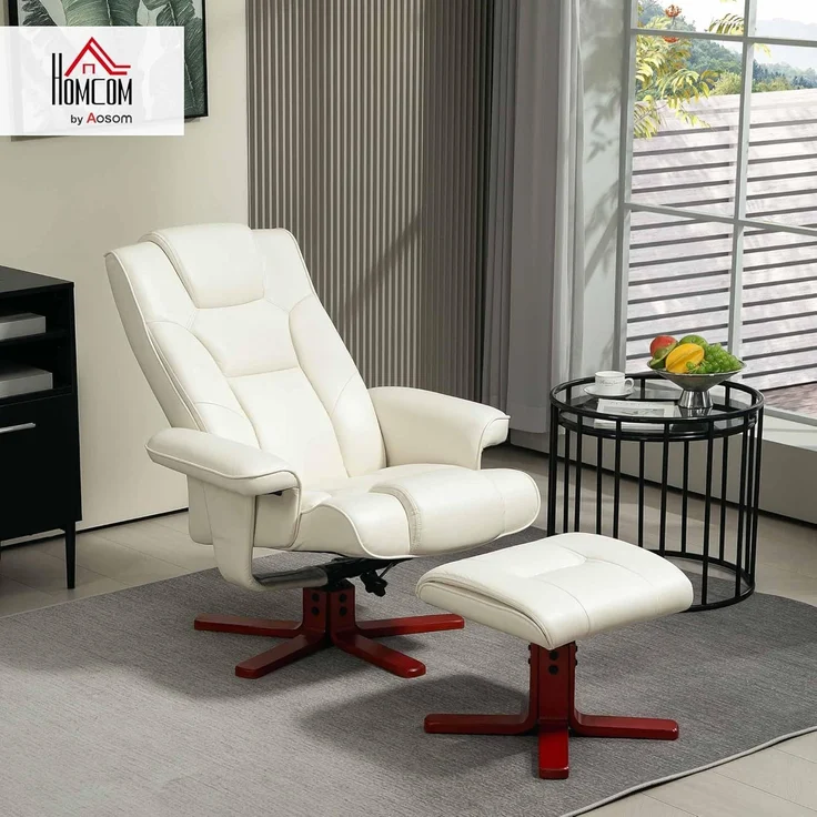 HOMCOM Relaxsessel mit Hocker, Liegefunktion, Wippfunktion (Gepolstert Liegesessel, 2-St, TV-Sessel), bis 150 kg, für Wohnzimmer, Kunstleder, Cremeweiß – Bild 2