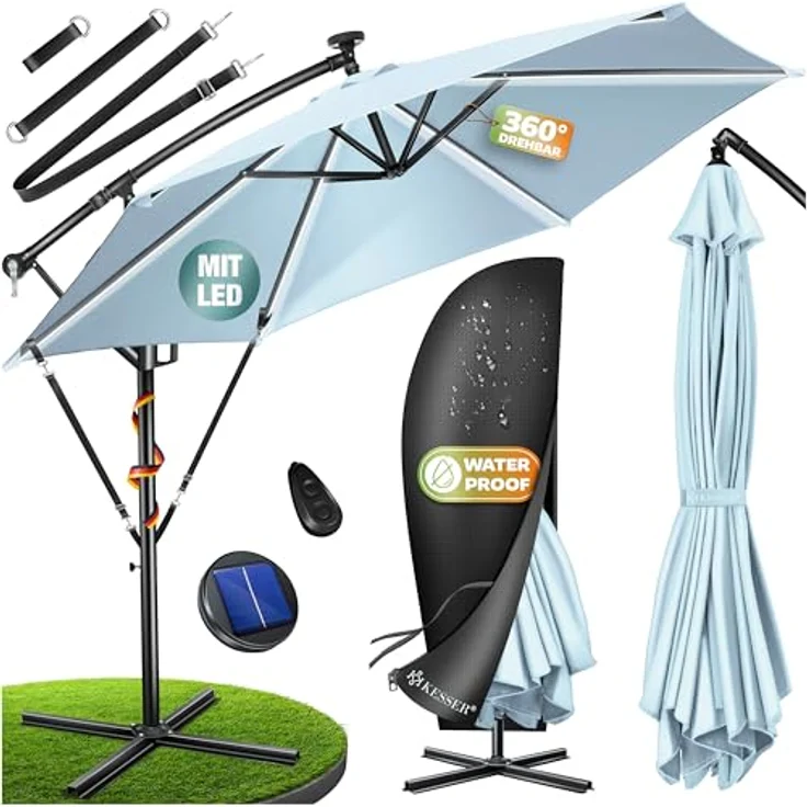 KESSER® Alu Ampelschirm LED Solar + Abdeckung mit Kurbelvorrichtung UV-Schutz Aluminium mit An-/Ausschalter Wasserabweisend - Sonnenschirm Schirm Gartenschirm 350cm, Hellblau – Bild 2