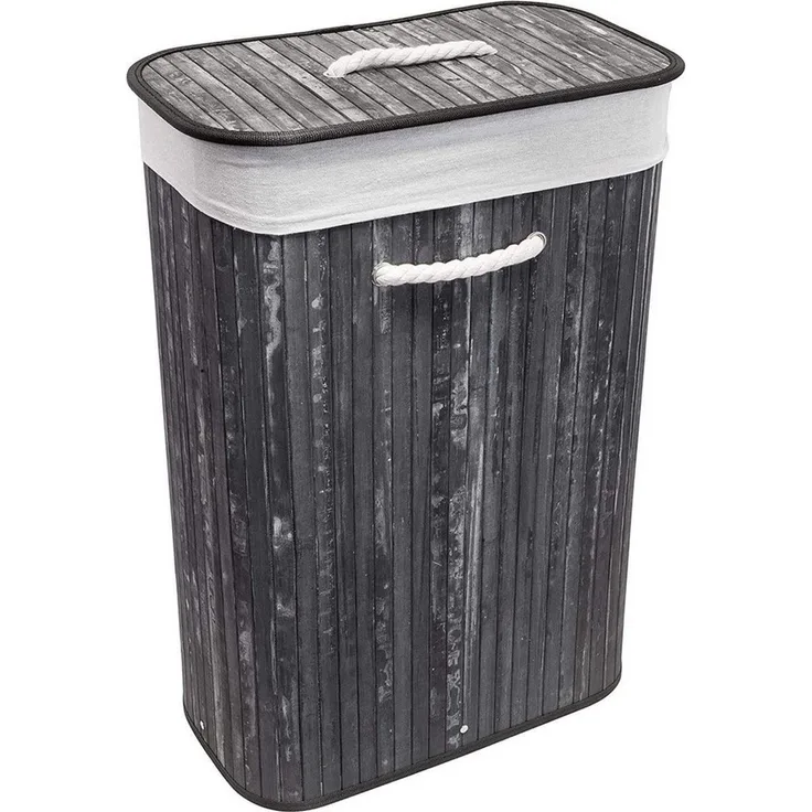 Euroshowers GmbH Wäschekorb Bambus faltbar mit Deckel 75L Wäschetruhe mit Griffe, Schwarz