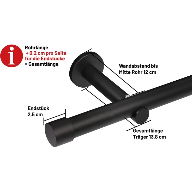 Deco-Raum® Gardinenstange 25mm 1-läufig Kappe | Länge: 180cm | Material: Metall | Farbe: Schwarz – Bild 2