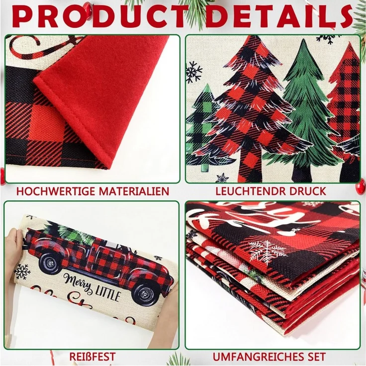 CLTYQ Stuhlhusse 6er-Set Weihnachtsstuhlhussen, Hussen-Set Waschbar, Weihnachtsdeko, rot-schwarz kariert, mit Zwergen- und Weihnachtsbaummotiven – Bild 3