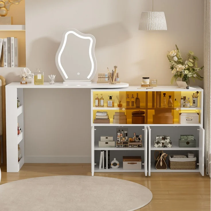 Drehbarer Schminktisch mit LED-Spiegel & Stauraum, 177x40x131,5 cm, Weiß – Bild 3