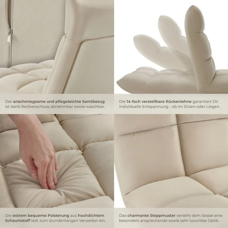 tectake Relaxsessel Fernsehsessel Snooze, 2 in 1 Samt, 14-fach verstellbar, 2 in 1 als Sessel oder Liege, gepolstert, mit Samtbezug – Bild 3