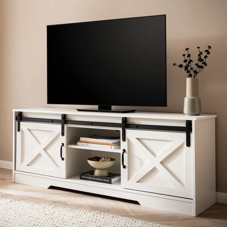 FineBuy Lowboard Weiß 150x59,5x39,5 cm TV-Kommode Landhaus-Stil Modern, Design TV-Schrank Hoch, Fernsehtisch Fernsehschrank mit zwei Schiebe-Türen, Fernsehkommode Wohnzimmer