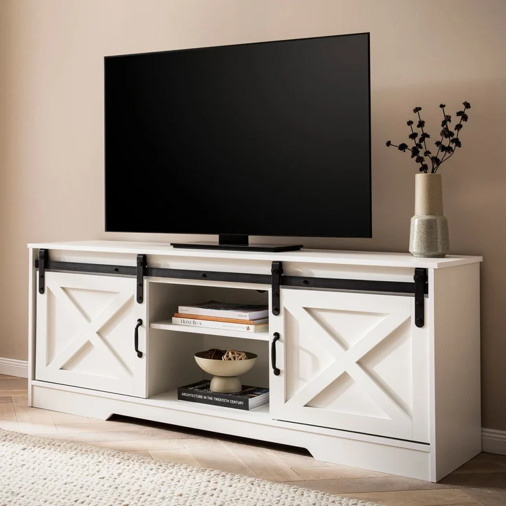 FineBuy Lowboard Weiß 150x59,5x39,5 cm TV-Kommode Landhaus-Stil Modern, Design TV-Schrank Hoch, Fernsehtisch Fernsehschrank mit zwei Schiebe-Türen, Fernsehkommode Wohnzimmer – Bild 1