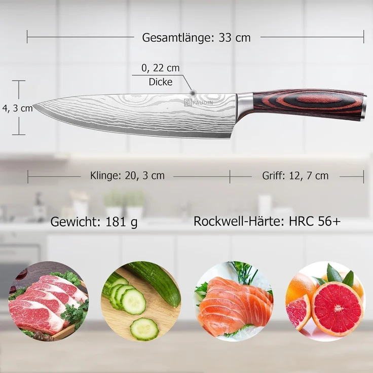 Premium Kochmesser mit Holzgriff 20 cm Küchenmesser Extra Scharfe Messerklinge – Bild 2