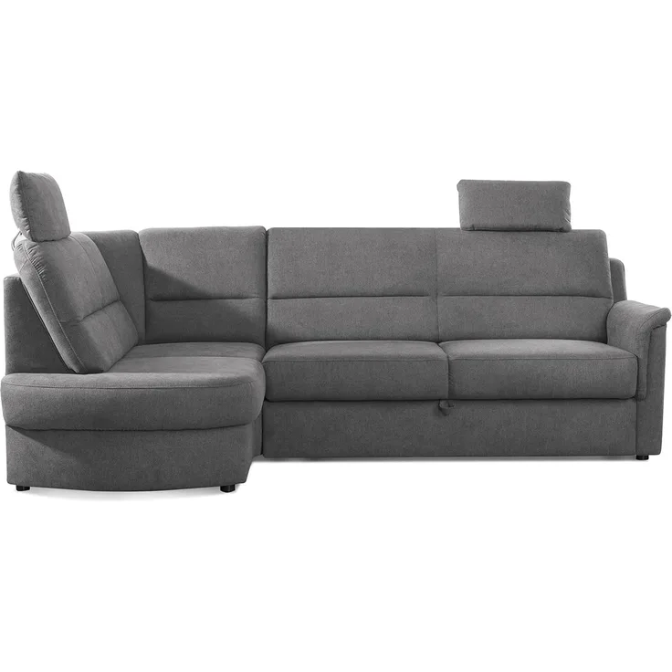 Cavadore Ecksofa Paris mit Federkern / Kleines L-Sofa mit Vorziehsitz, Bettkasten und Ottomane / inkl. 2 Kopfstützen / 243 x 112 x 155 / Grau