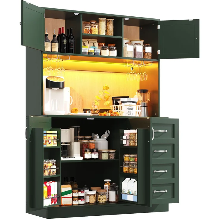 Seitenboard / Aufbewahrungsschrank / Küchenschrank / Buffetschrank, 120x40x188cm, mit LED-Beleuchtung, Snackregal & Getränkehaltern, 4 Türen & 2 große Schubladen, Grün/Schwarz/Weiß--Grün--120x40x188cm--YOUDENOVA – Bild 9