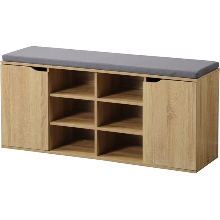 Schuhschrank, 2 Türen, mit Sitzkissen - Eiche / Grau