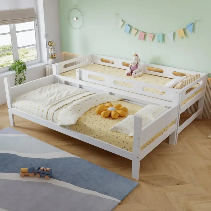 Etagenbett mit 2 Schlafgelegenheiten und Lattenrost, 90x200 cm, Kinderbett mit Rausfallschutz, umbaufähig zu 2 Einzelbetten, Holz – Bild 2