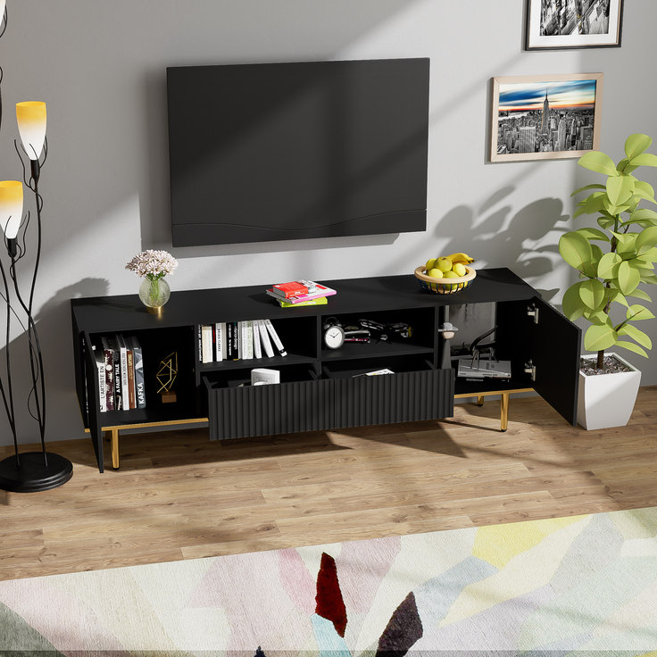 TV-Schrank 165 cm Schwarz mit Gold, Lowboard Sideboard Wohnzimmerschrank, 2 Schubladen, 2 offene Fächer – Bild 4