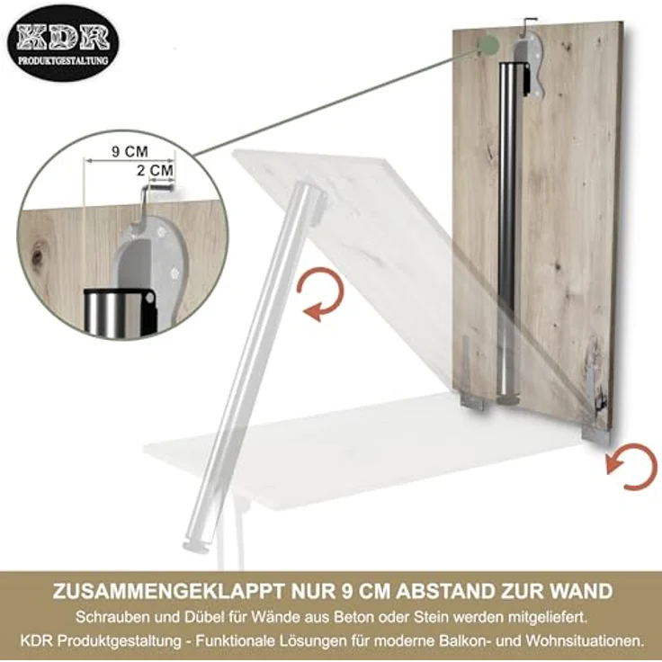 KDR Produktgestaltung Wandklapptisch Schreibtisch Tischplatte 80x50 cm in Eiche astig Klapptisch Esstisch Küchentisch für die Wand Höhe Tisch 74 cm zur Wandmontage mit Tischbein klappbar – Bild 7