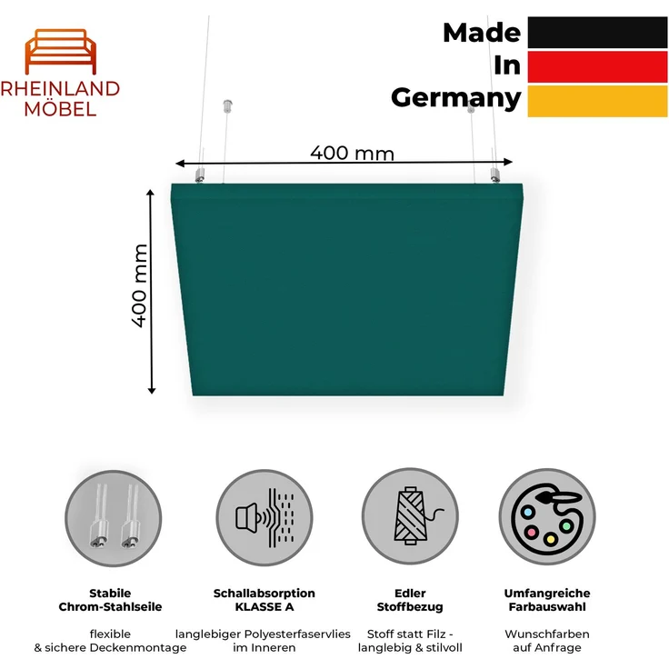 Rheinland Möbel FocusWall DAQ0404 – Quadratischer Akustik-Deckenabsorber 40×40 cm in Stofffarbe Montserrat inkl. Chrom-Stahlseilen - Made in Germany - Klasse A, Stoffbezug, schwer entflammbar – Bild 2