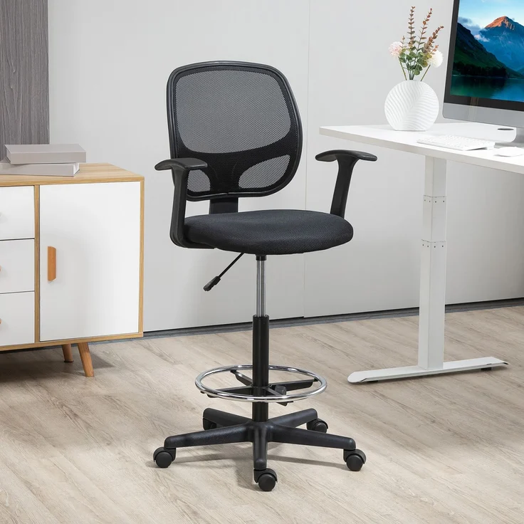 MELAYR, Zeichenstuhl mit Fußstütze 5 Rollen höhenverstellbar Stahl Mesh-Stoff Schwarz, 60 x 56 x 132 cm – Bild 3