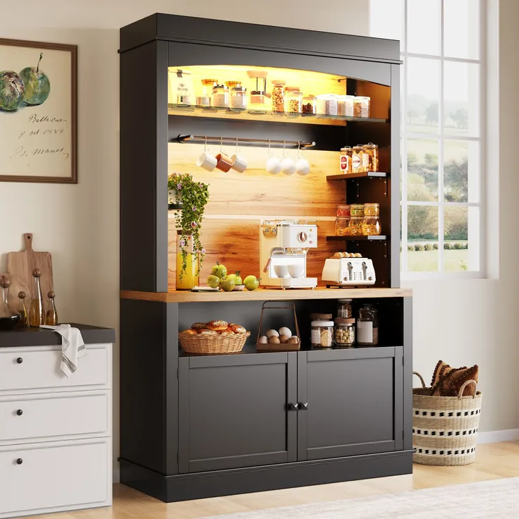 Küchenschrank, hoher Küchenschrank (107x43x184 cm), Vitrine, Anrichte, Anrichte mit LED-Beleuchtung, offenes Regal, schwarz--Schwarz--107x43x184cm--YOUDENOVA