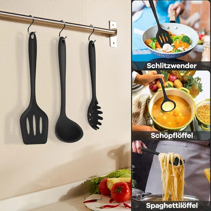 Homikit 7tlg. Schwarz Silikon Küchenhelfer Set Antihaft Hitzebeständig – Bild 6