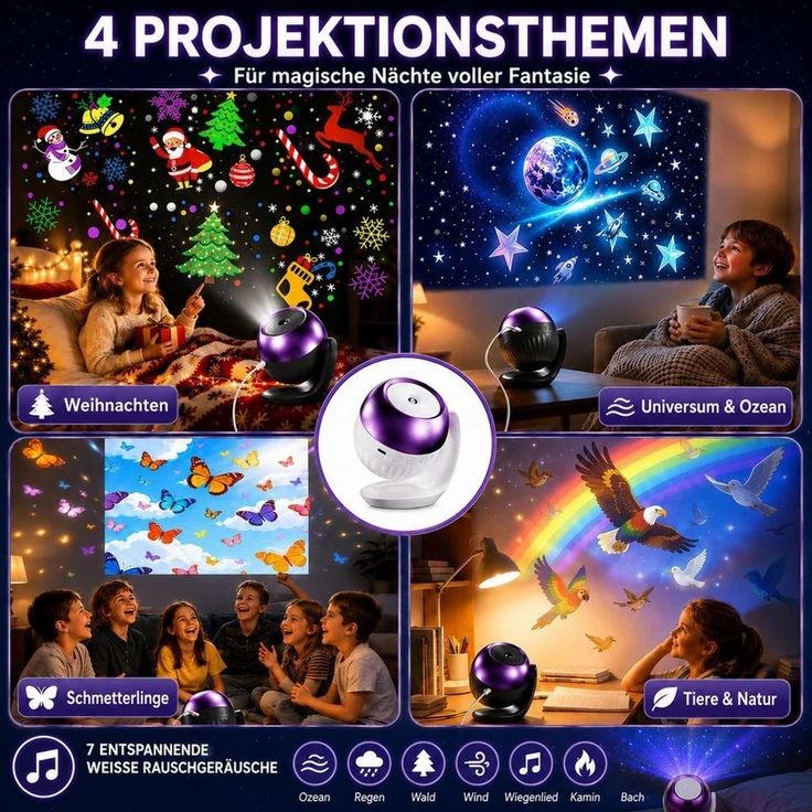 Fyrove Projektionslampe Sternenhimmel Projektor Nachtlicht mit 24 Projektionsmotiven, 4 Themenwelten, 7 beruhigenden Klängen, 60/90-Min.-Timer – Bild 4