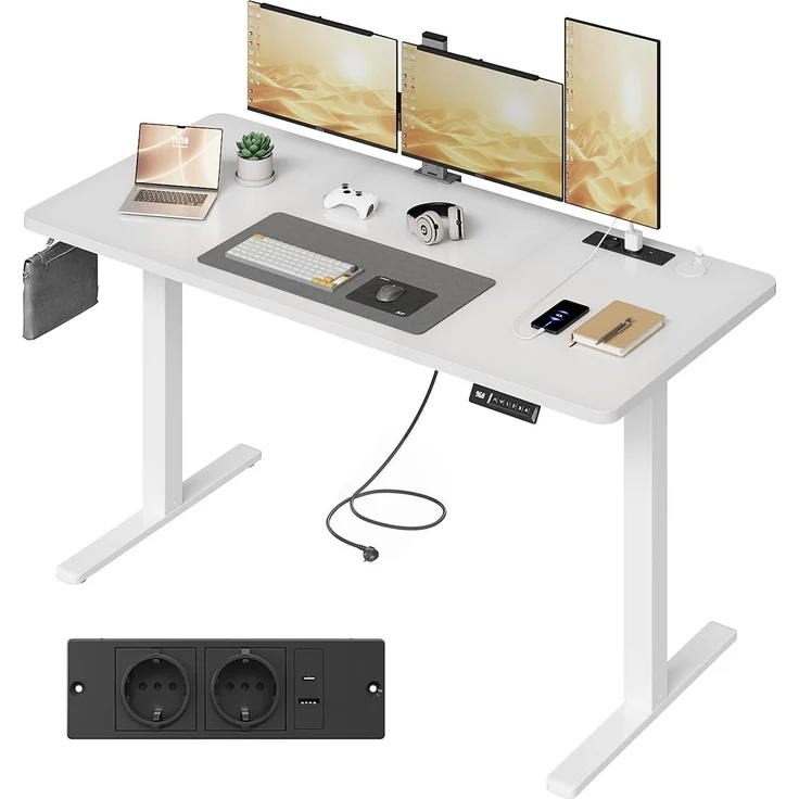 JUMMICO Höhenverstellbarer Schreibtisch 140x70 cm mit Steckdose