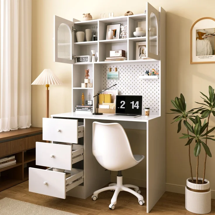 Schreibtisch 100x55x180 cm mit Aufsatz, Pinnwand, Glasvitrine und 3 Schubladen – Bild 3