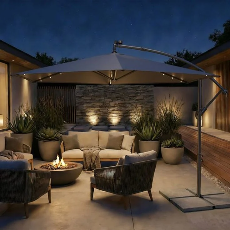 SONGMICS Ampelschirm 350 cm, mit Beleuchtung, UV-Schutz UPF 50+, Sonnenschirm mit Ständer, für Garten Terrasse, Kurbel, grau – Bild 3