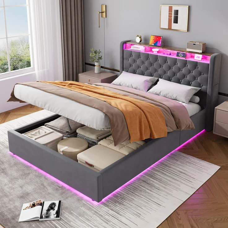 Polsterbett aus Holland-Velours mit LED, USB-C & hydraulischem Stauraum, ohne Matratze, 140x200 cm, Grau – Bild 2