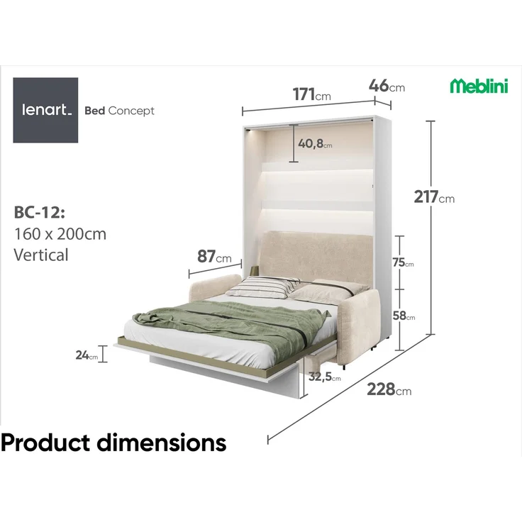 MEBLINI Schrankbett BC-12 - 160x200cm Vertikal - Weiß Matt/Beige - mit Sofa - Wandbett mit Lattenrost - Klappbett mit Schrank - Wandklappbett - Murphy Bed – Bild 7