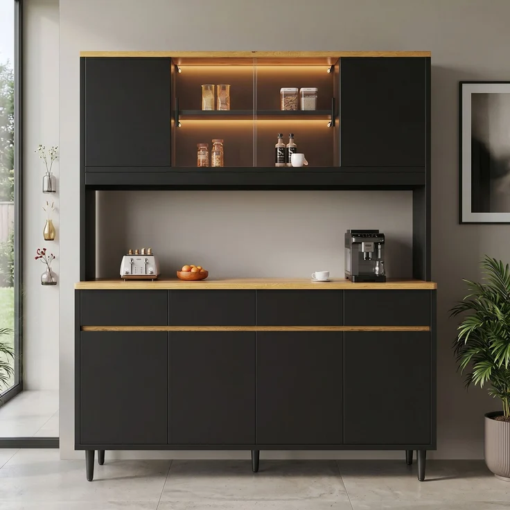 Buffetschränke, Esszimmer-Hochschrank 160*40*185 cm, mehrstufigem Stauraum, integrierter Steckdose sowie USB-C- und USB-A-Anschlüssen,Mit farbigem Lichtstreifen, Schwarz + Eiche – Bild 4