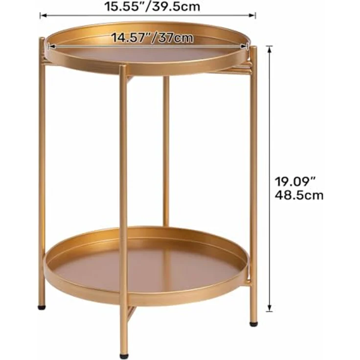 HollyHOME Beistelltisch Gold Rund Metall Balkontisch Klein Couchtisch Nachttisch Sofatisch 2 Ebenen Beistelltisch für Wohnzimmer Schlafzimmer Terrasse Outdoor – Bild 4