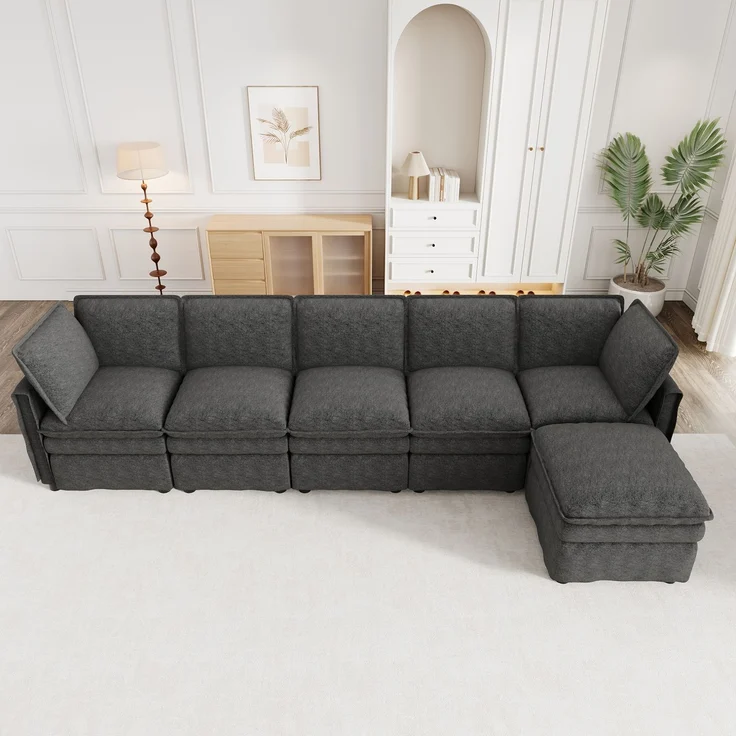 DESVIAE Sofa Grau aus Chenille – 344x91x127 cm – modular, Schlaffunktion, Hocker – Bild 6