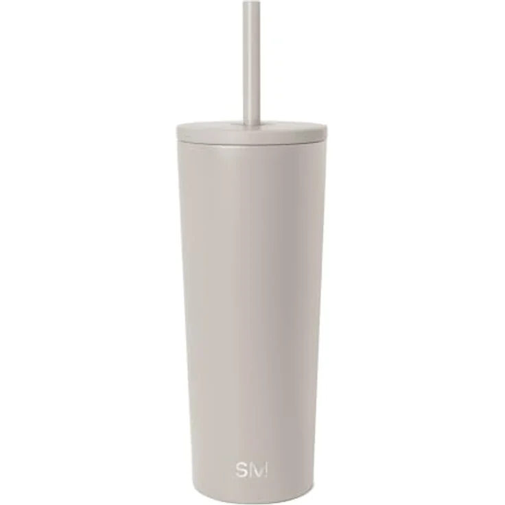Simple Modern Thermobecher mit Strohhalm und Deckel | Trinkbecher mit Henkel Wiederverwendbare Edelstahl | Geschenke für Frauen und Männer | Classic | 710ml | Almond Birch – Bild 1