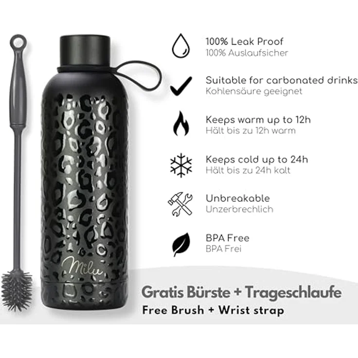 Milu Isolierflasche Isolierflasche aus Edelstahl mit Trageschlaufe, Thermosflasche auslaufsicher – Bild 2