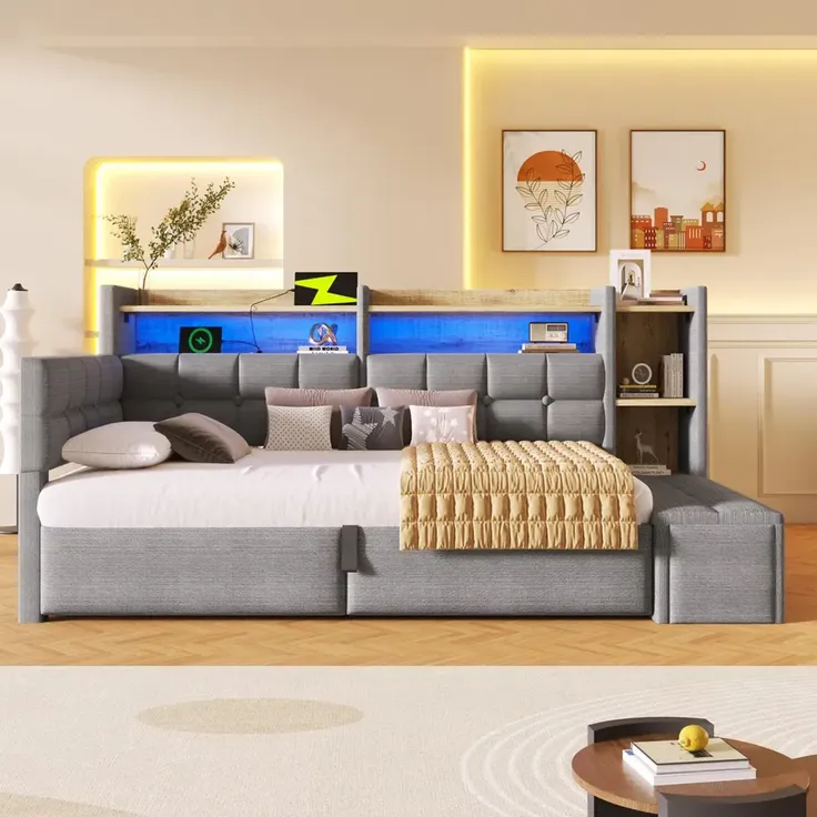 Stauraumbett mit LED-Beleuchtung, Bettkasten, Lattenrost, Regal und USB/Type-C Anschlüssen, 90x200 cm, Schlafsofa, Einzelbett, Jugendbett, Samt – Bild 3